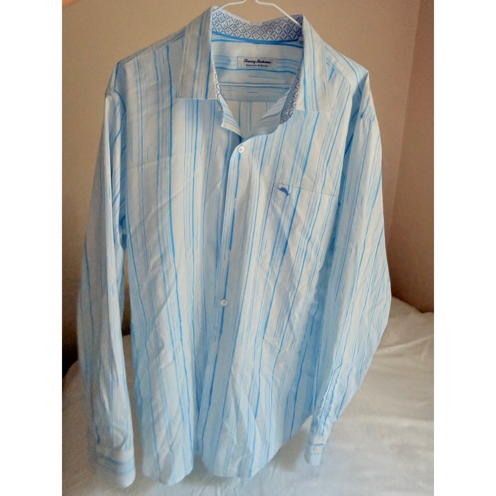 Tommy Bahama Sarasota Stretch Mens Blue White Striped Button Down Shirt L/S - Picture 10 of 11
